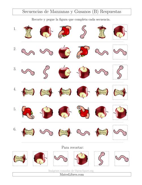 La hoja de ejercicios de Secuencias de Imágenes de Manzanas y Gusanos Cambiando los Atributos Forma y Rotación (B) Página 2