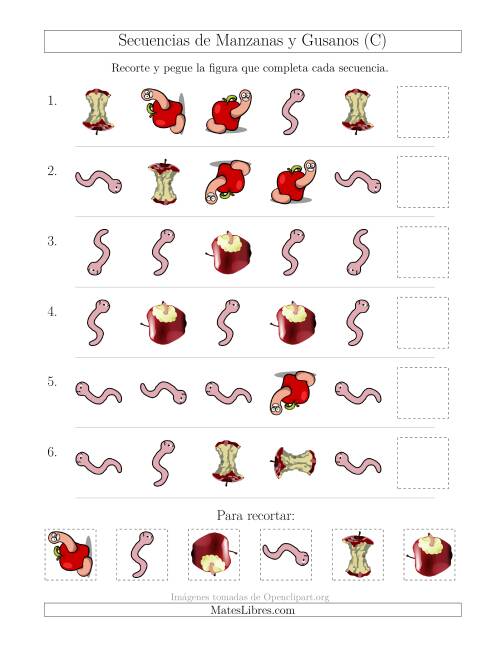 La hoja de ejercicios de Secuencias de Imágenes de Manzanas y Gusanos Cambiando los Atributos Forma y Rotación (C)