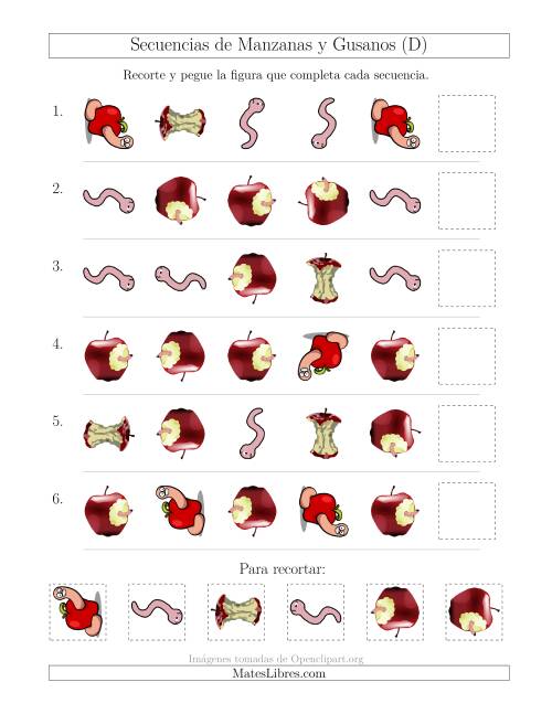 La hoja de ejercicios de Secuencias de Imágenes de Manzanas y Gusanos Cambiando los Atributos Forma y Rotación (D)