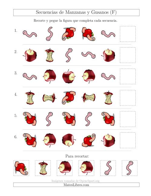 La hoja de ejercicios de Secuencias de Imágenes de Manzanas y Gusanos Cambiando los Atributos Forma y Rotación (F)