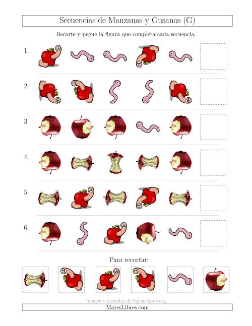 La hoja de ejercicios de Secuencias de Imágenes de Manzanas y Gusanos Cambiando los Atributos Forma y Rotación (G)