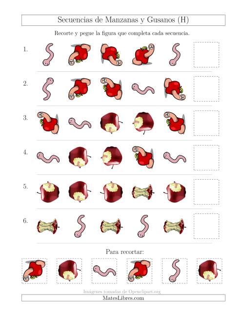 La hoja de ejercicios de Secuencias de Imágenes de Manzanas y Gusanos Cambiando los Atributos Forma y Rotación (H)