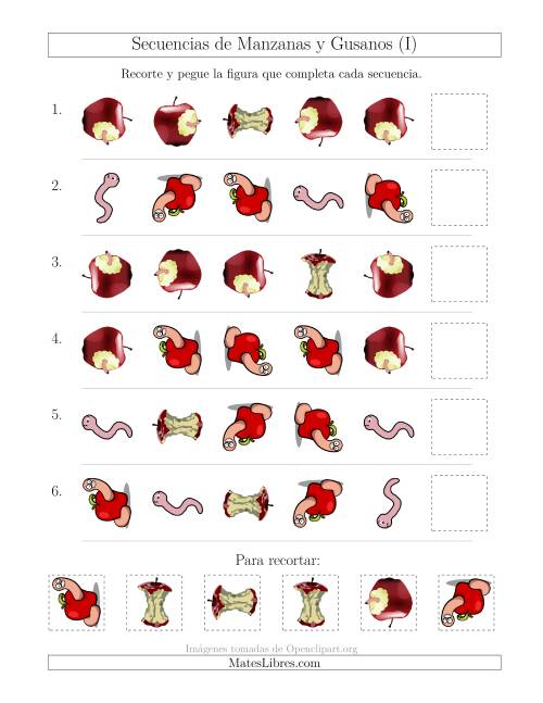 La hoja de ejercicios de Secuencias de Imágenes de Manzanas y Gusanos Cambiando los Atributos Forma y Rotación (I)