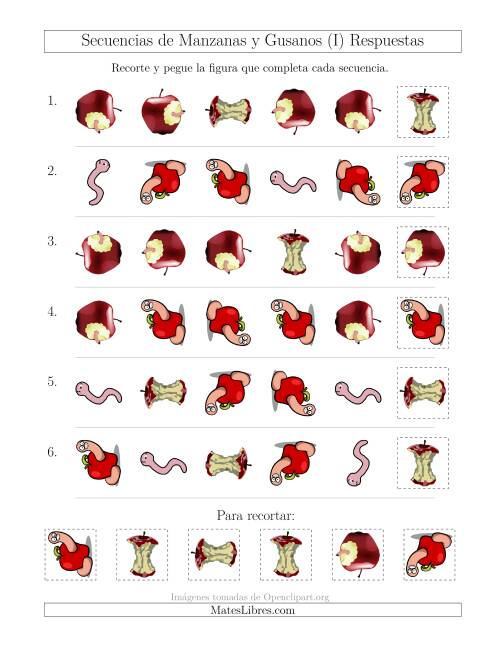 La hoja de ejercicios de Secuencias de Imágenes de Manzanas y Gusanos Cambiando los Atributos Forma y Rotación (I) Página 2