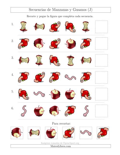 La hoja de ejercicios de Secuencias de Imágenes de Manzanas y Gusanos Cambiando los Atributos Forma y Rotación (J)