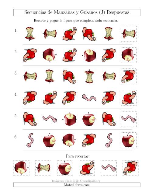 La hoja de ejercicios de Secuencias de Imágenes de Manzanas y Gusanos Cambiando los Atributos Forma y Rotación (J) Página 2