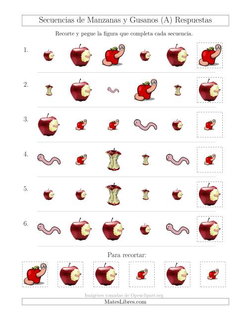 La hoja de ejercicios de Secuencias de Imágenes de Manzanas y Gusanos Cambiando los Atributos Forma y Tamaño (A) Página 2
