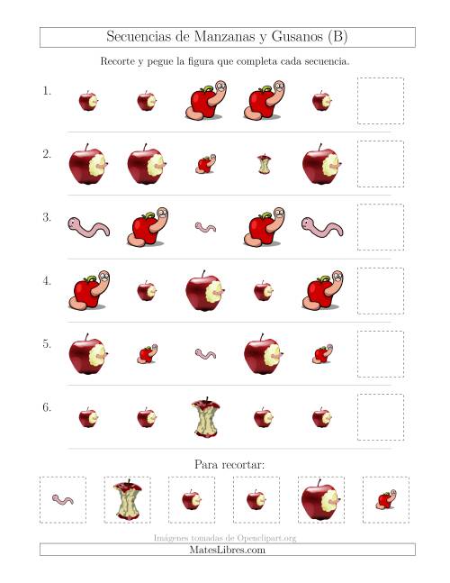 La hoja de ejercicios de Secuencias de Imágenes de Manzanas y Gusanos Cambiando los Atributos Forma y Tamaño (B)