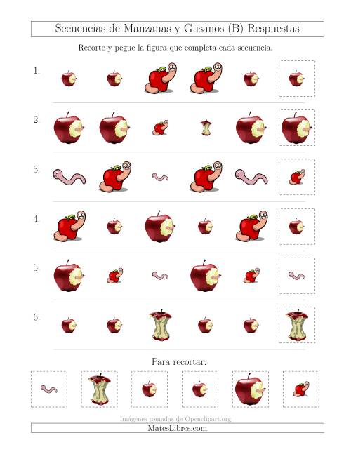 La hoja de ejercicios de Secuencias de Imágenes de Manzanas y Gusanos Cambiando los Atributos Forma y Tamaño (B) Página 2