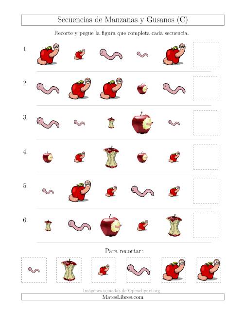 La hoja de ejercicios de Secuencias de Imágenes de Manzanas y Gusanos Cambiando los Atributos Forma y Tamaño (C)