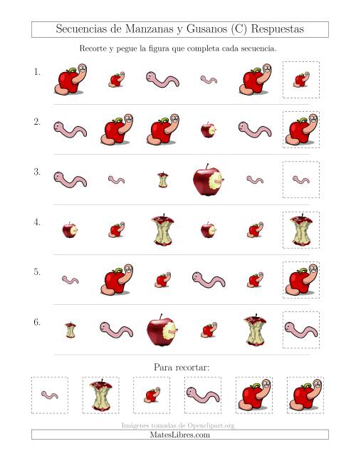 La hoja de ejercicios de Secuencias de Imágenes de Manzanas y Gusanos Cambiando los Atributos Forma y Tamaño (C) Página 2