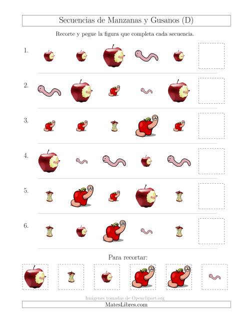 La hoja de ejercicios de Secuencias de Imágenes de Manzanas y Gusanos Cambiando los Atributos Forma y Tamaño (D)