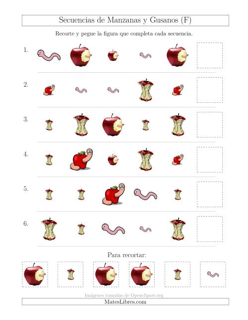 La hoja de ejercicios de Secuencias de Imágenes de Manzanas y Gusanos Cambiando los Atributos Forma y Tamaño (F)