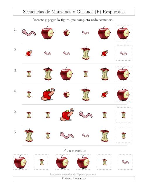 La hoja de ejercicios de Secuencias de Imágenes de Manzanas y Gusanos Cambiando los Atributos Forma y Tamaño (F) Página 2