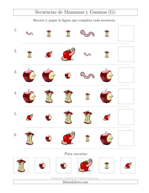 La hoja de ejercicios de Secuencias de Imágenes de Manzanas y Gusanos Cambiando los Atributos Forma y Tamaño (G)