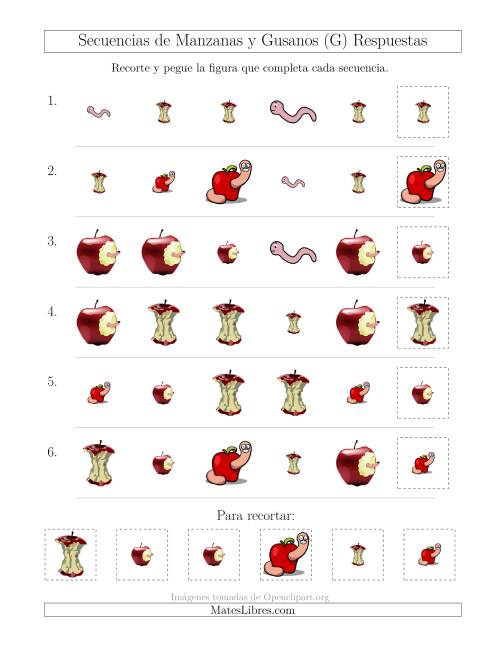 La hoja de ejercicios de Secuencias de Imágenes de Manzanas y Gusanos Cambiando los Atributos Forma y Tamaño (G) Página 2