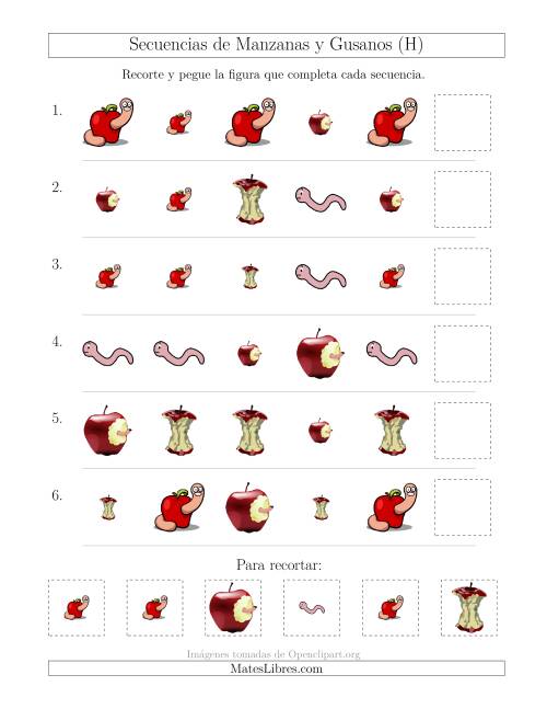 La hoja de ejercicios de Secuencias de Imágenes de Manzanas y Gusanos Cambiando los Atributos Forma y Tamaño (H)