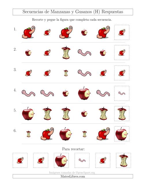 La hoja de ejercicios de Secuencias de Imágenes de Manzanas y Gusanos Cambiando los Atributos Forma y Tamaño (H) Página 2