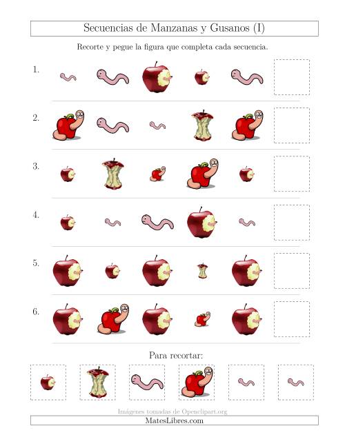 La hoja de ejercicios de Secuencias de Imágenes de Manzanas y Gusanos Cambiando los Atributos Forma y Tamaño (I)