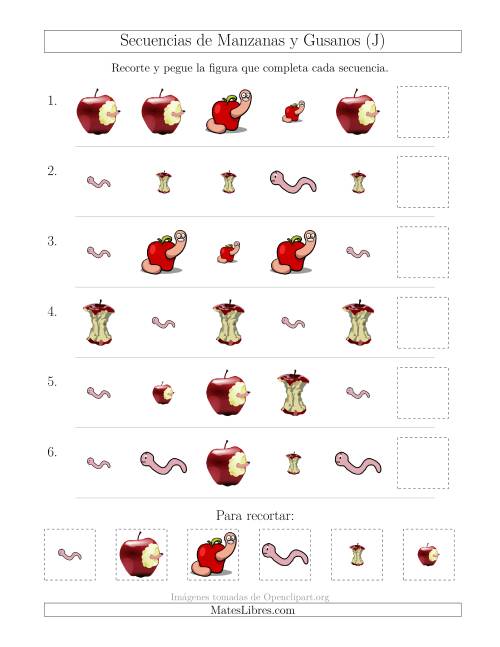 La hoja de ejercicios de Secuencias de Imágenes de Manzanas y Gusanos Cambiando los Atributos Forma y Tamaño (J)