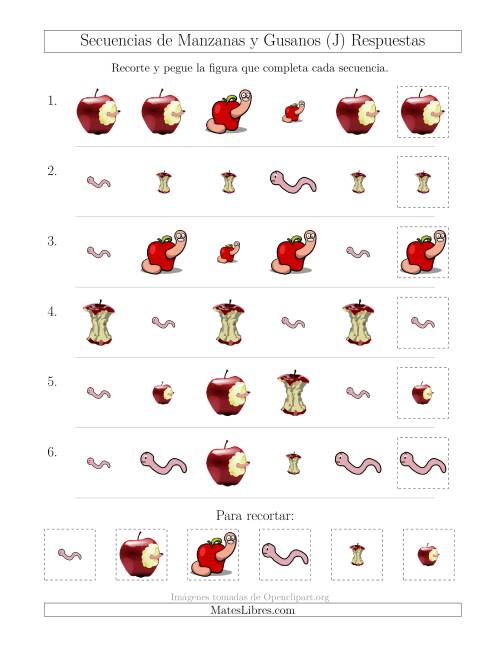 La hoja de ejercicios de Secuencias de Imágenes de Manzanas y Gusanos Cambiando los Atributos Forma y Tamaño (J) Página 2