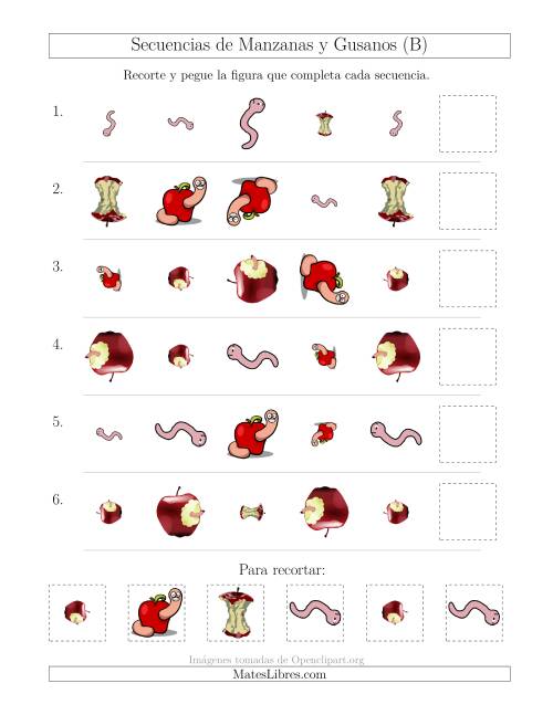La hoja de ejercicios de Secuencias de Imágenes de Manzanas y Gusanos Cambiando los Atributos Forma, Tamaño y Rotación (B)