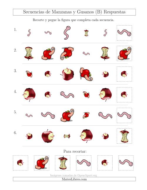 La hoja de ejercicios de Secuencias de Imágenes de Manzanas y Gusanos Cambiando los Atributos Forma, Tamaño y Rotación (B) Página 2