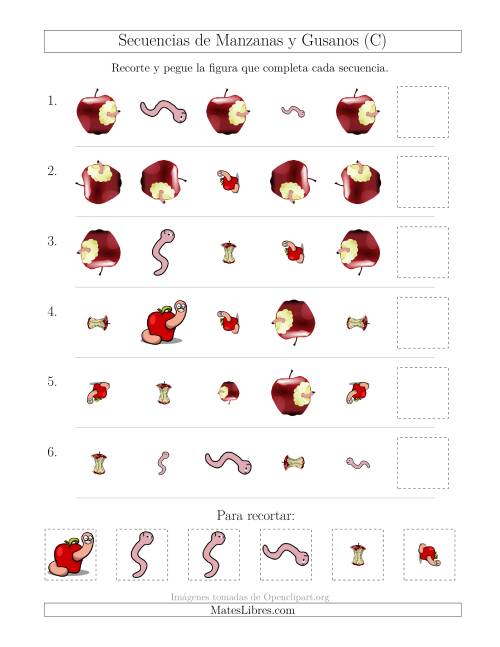 La hoja de ejercicios de Secuencias de Imágenes de Manzanas y Gusanos Cambiando los Atributos Forma, Tamaño y Rotación (C)