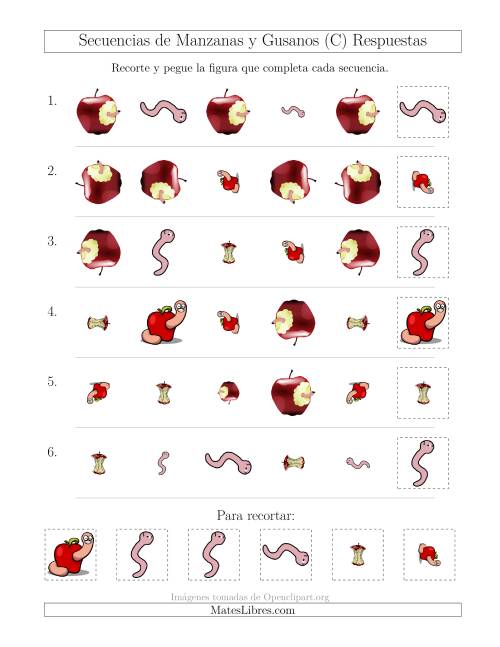 La hoja de ejercicios de Secuencias de Imágenes de Manzanas y Gusanos Cambiando los Atributos Forma, Tamaño y Rotación (C) Página 2