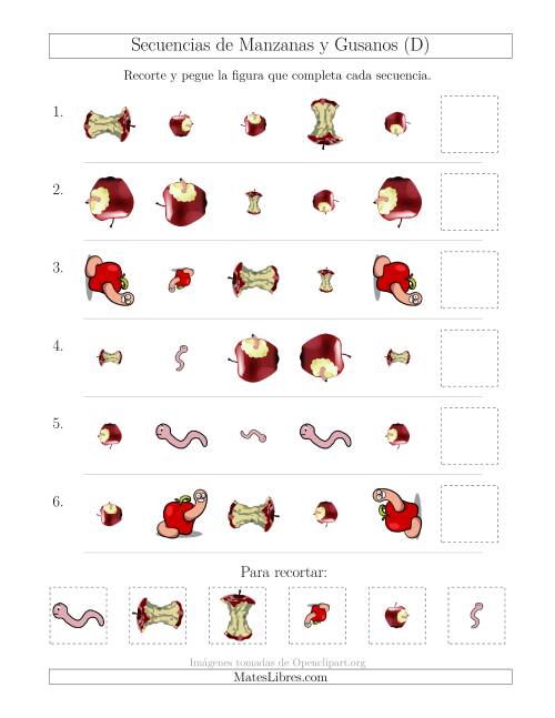 La hoja de ejercicios de Secuencias de Imágenes de Manzanas y Gusanos Cambiando los Atributos Forma, Tamaño y Rotación (D)