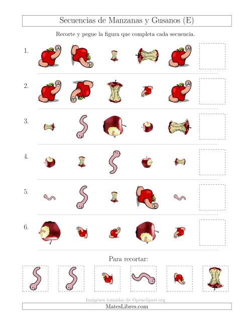 La hoja de ejercicios de Secuencias de Imágenes de Manzanas y Gusanos Cambiando los Atributos Forma, Tamaño y Rotación (E)