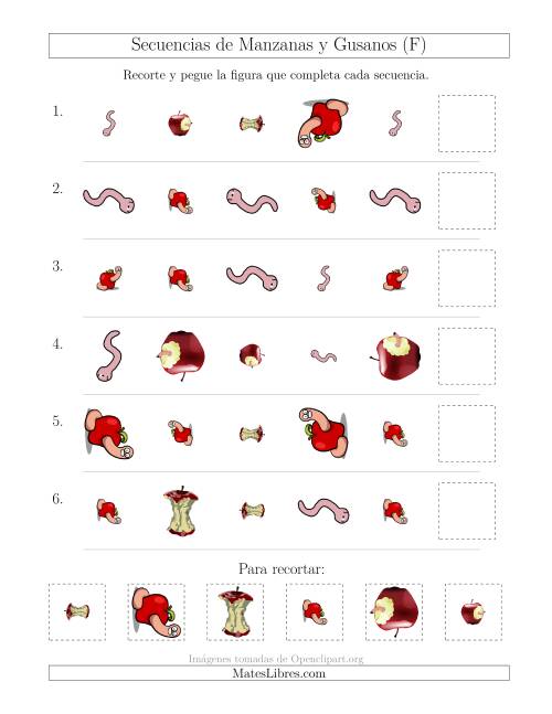 La hoja de ejercicios de Secuencias de Imágenes de Manzanas y Gusanos Cambiando los Atributos Forma, Tamaño y Rotación (F)