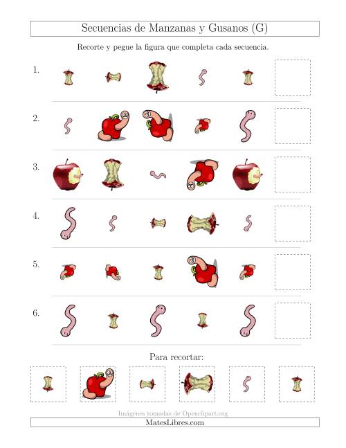 La hoja de ejercicios de Secuencias de Imágenes de Manzanas y Gusanos Cambiando los Atributos Forma, Tamaño y Rotación (G)