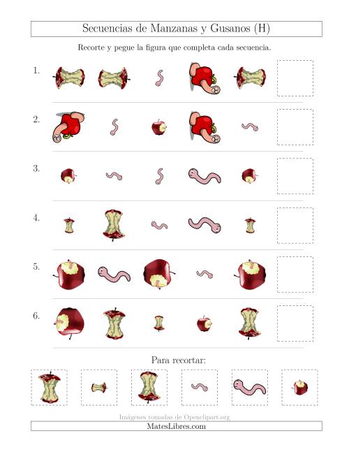 La hoja de ejercicios de Secuencias de Imágenes de Manzanas y Gusanos Cambiando los Atributos Forma, Tamaño y Rotación (H)