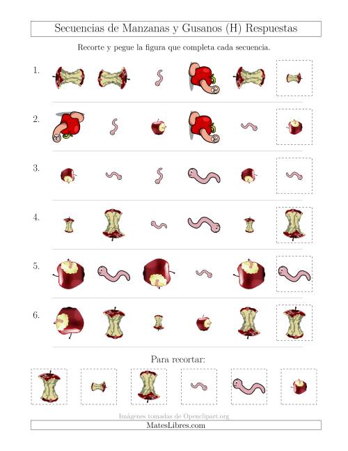 La hoja de ejercicios de Secuencias de Imágenes de Manzanas y Gusanos Cambiando los Atributos Forma, Tamaño y Rotación (H) Página 2