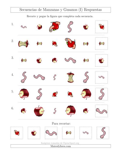 La hoja de ejercicios de Secuencias de Imágenes de Manzanas y Gusanos Cambiando los Atributos Forma, Tamaño y Rotación (I) Página 2