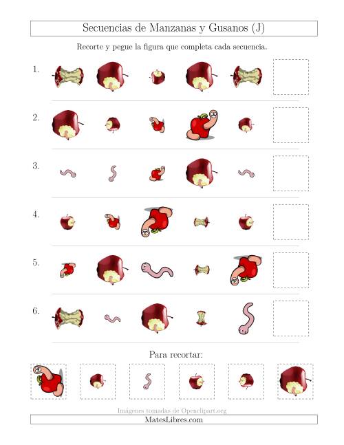 La hoja de ejercicios de Secuencias de Imágenes de Manzanas y Gusanos Cambiando los Atributos Forma, Tamaño y Rotación (J)
