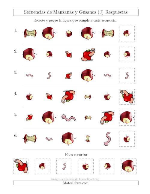 La hoja de ejercicios de Secuencias de Imágenes de Manzanas y Gusanos Cambiando los Atributos Forma, Tamaño y Rotación (J) Página 2