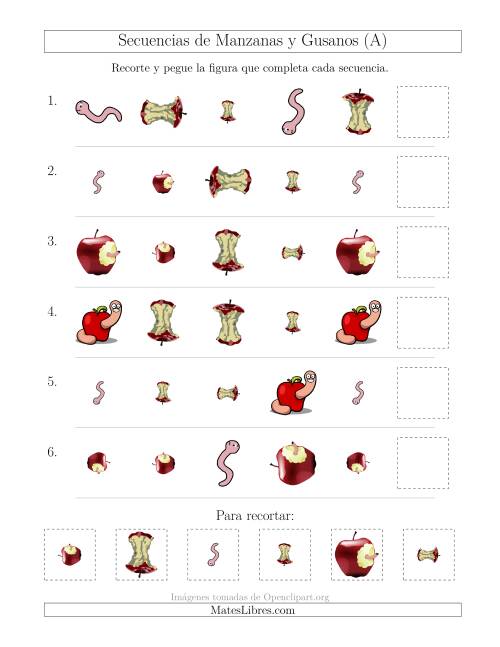 La hoja de ejercicios de Secuencias de Imágenes de Manzanas y Gusanos Cambiando los Atributos Forma, Tamaño y Rotación (Todas)