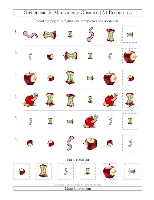 La hoja de ejercicios de Secuencias de Imágenes de Manzanas y Gusanos Cambiando los Atributos Forma, Tamaño y Rotación (Todas) Página 2