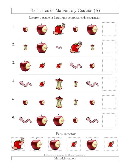 La hoja de ejercicios de Secuencias de Imágenes de Manzanas y Gusanos Cambiando los Atributos Forma y Tamaño (Todas)