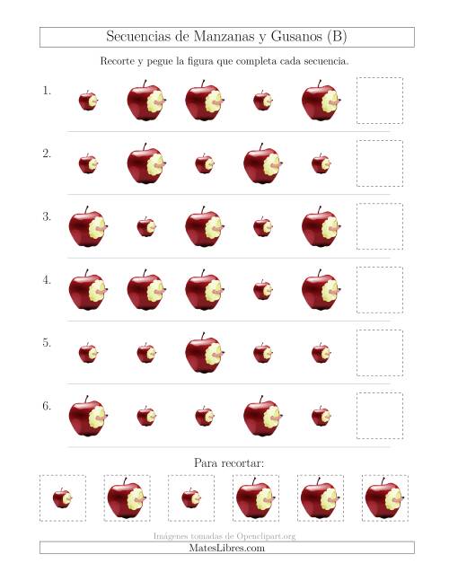 La hoja de ejercicios de Secuencias de Imágenes de Manzanas y Gusanos Cambiando el Atributo Tamaño (B)
