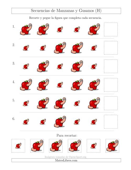 La hoja de ejercicios de Secuencias de Imágenes de Manzanas y Gusanos Cambiando el Atributo Tamaño (H)