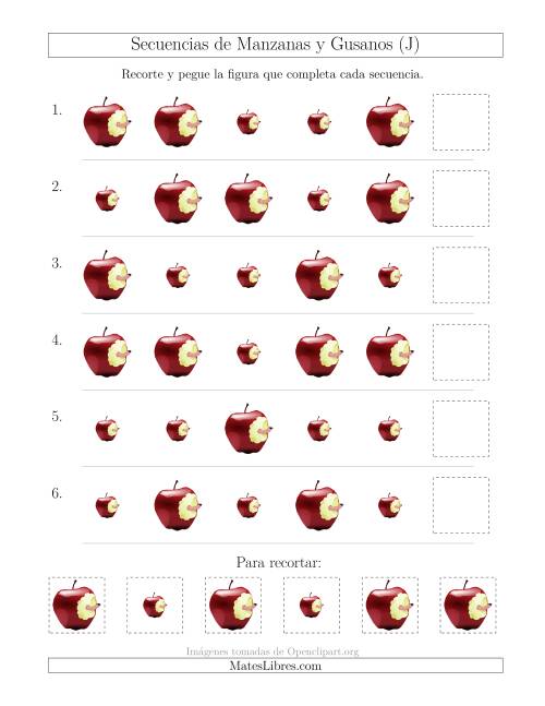 La hoja de ejercicios de Secuencias de Imágenes de Manzanas y Gusanos Cambiando el Atributo Tamaño (J)