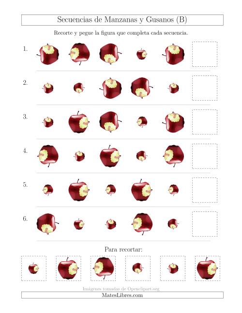 La hoja de ejercicios de Secuencias de Imágenes de Manzanas y Gusanos Cambiando los Atributos Tamaño y Rotación (B)