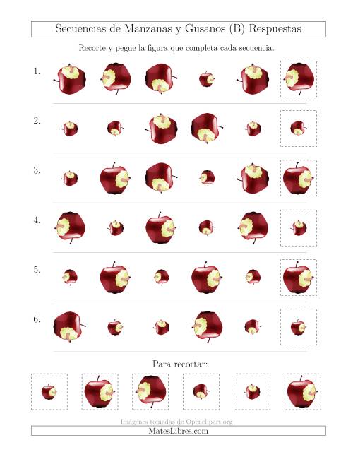 La hoja de ejercicios de Secuencias de Imágenes de Manzanas y Gusanos Cambiando los Atributos Tamaño y Rotación (B) Página 2