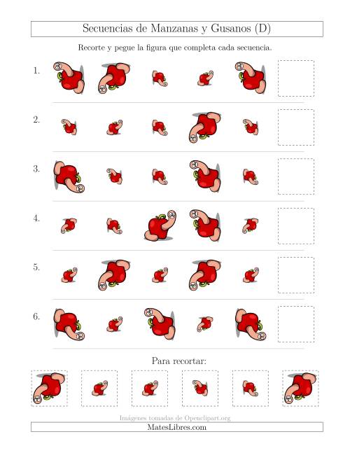 La hoja de ejercicios de Secuencias de Imágenes de Manzanas y Gusanos Cambiando los Atributos Tamaño y Rotación (D)