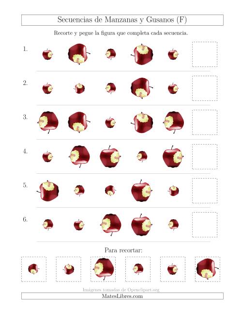 La hoja de ejercicios de Secuencias de Imágenes de Manzanas y Gusanos Cambiando los Atributos Tamaño y Rotación (F)