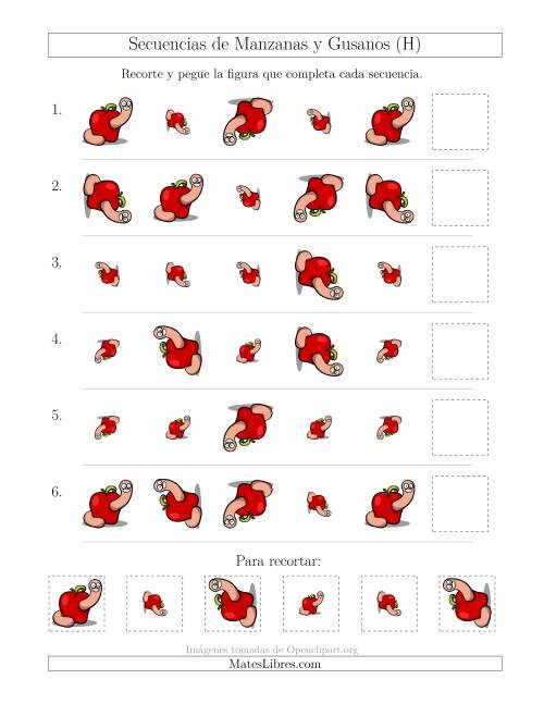 La hoja de ejercicios de Secuencias de Imágenes de Manzanas y Gusanos Cambiando los Atributos Tamaño y Rotación (H)