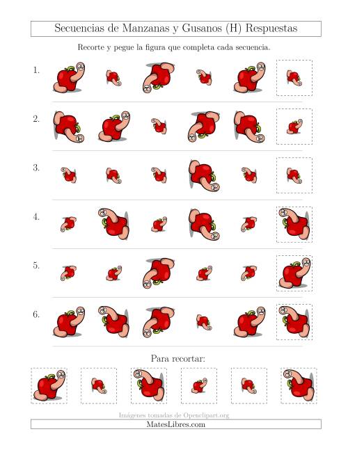 La hoja de ejercicios de Secuencias de Imágenes de Manzanas y Gusanos Cambiando los Atributos Tamaño y Rotación (H) Página 2